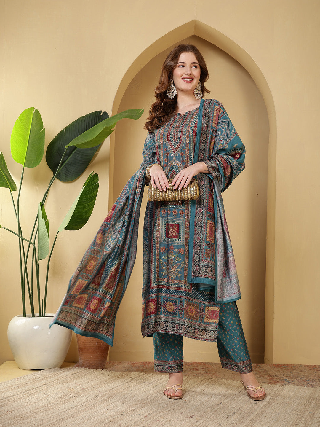 Neck Embroidered Muslin Kurta With Pants &amp; Dupatta