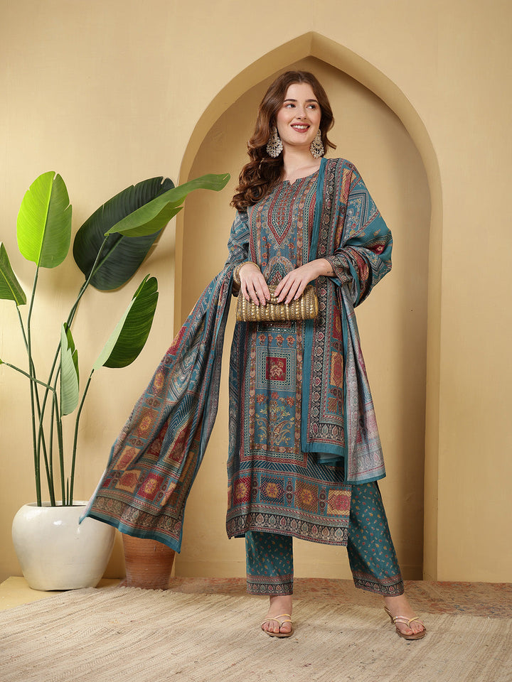 Neck Embroidered Muslin Kurta With Pants &amp; Dupatta
