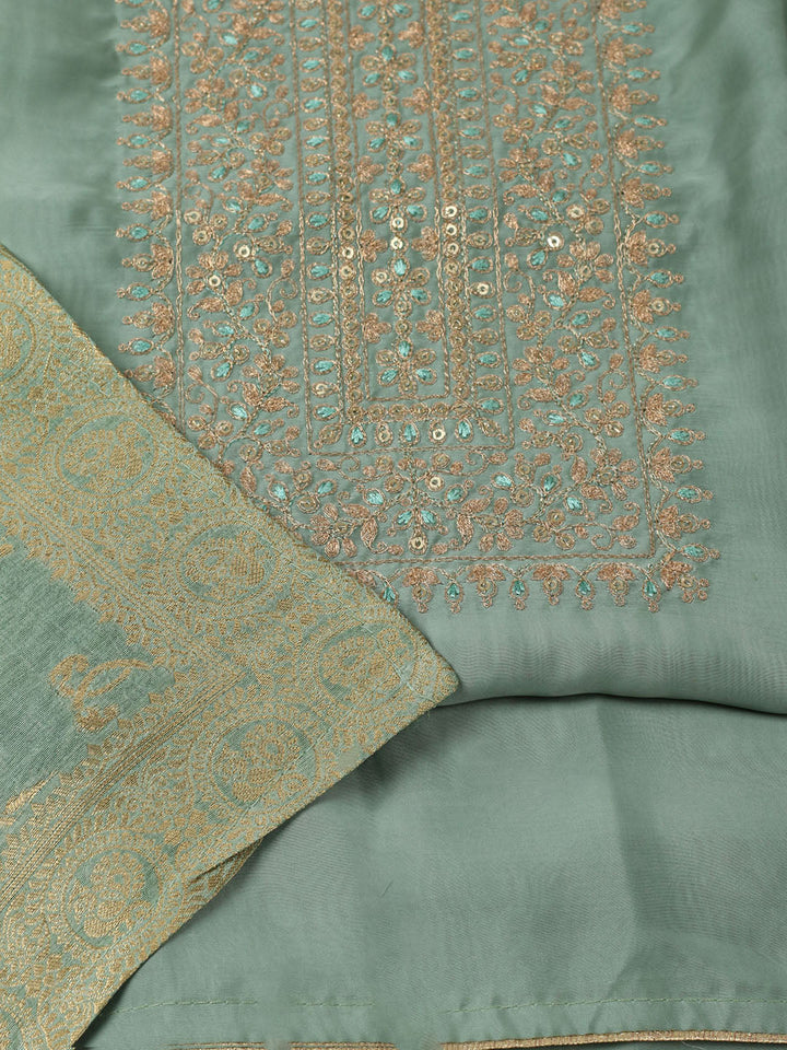 Embroidered Chanderi Unstitched Suit With Pant &amp; Dupatta
