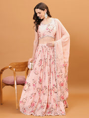 Floral Printed Chinon Choli With Skirt & Dapatta