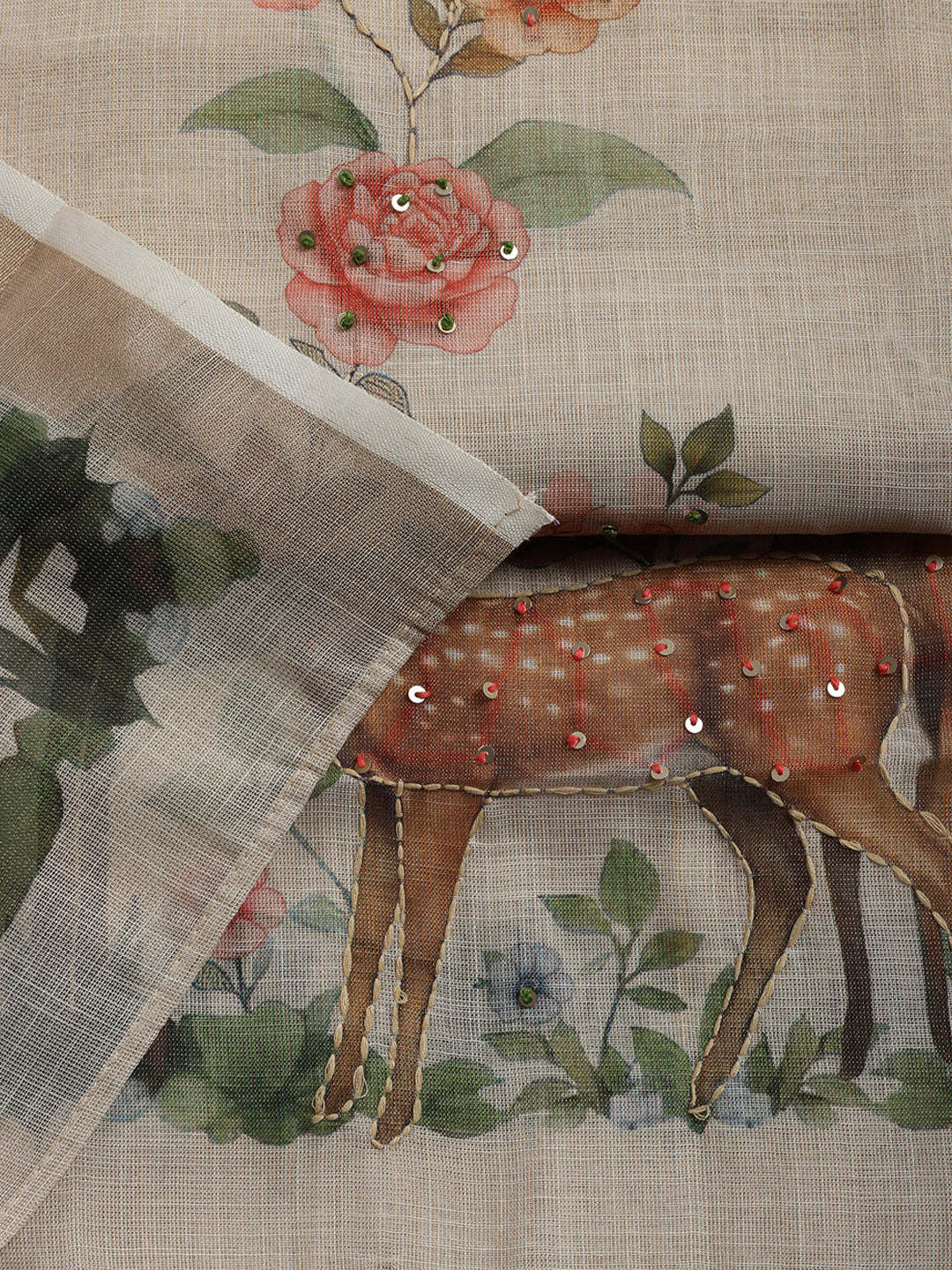 Printed, Linen Blend Unstitched Suit With Pant &amp; Dupatta