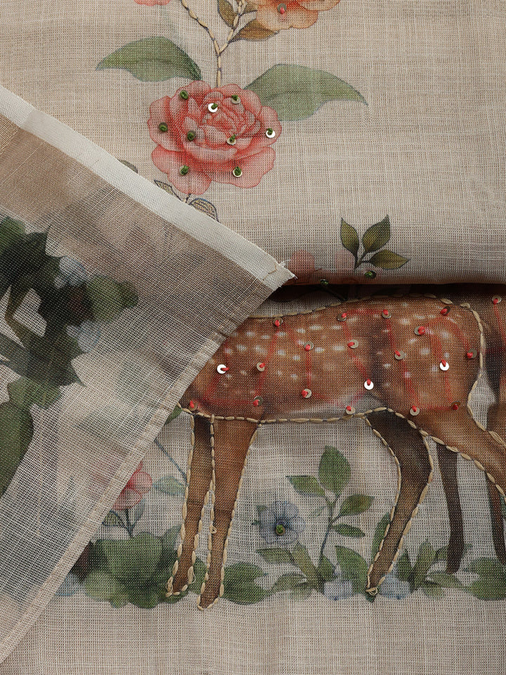 Printed, Linen Blend Unstitched Suit With Pant &amp; Dupatta