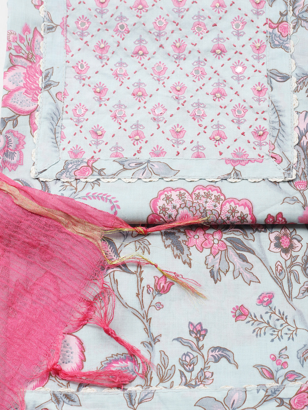 Printed Cotton Blend Unstitched Suit With Pant &amp; Dupatta