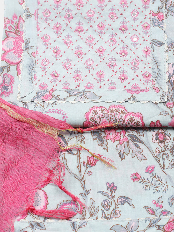 Printed Cotton Blend Unstitched Suit With Pant &amp; Dupatta