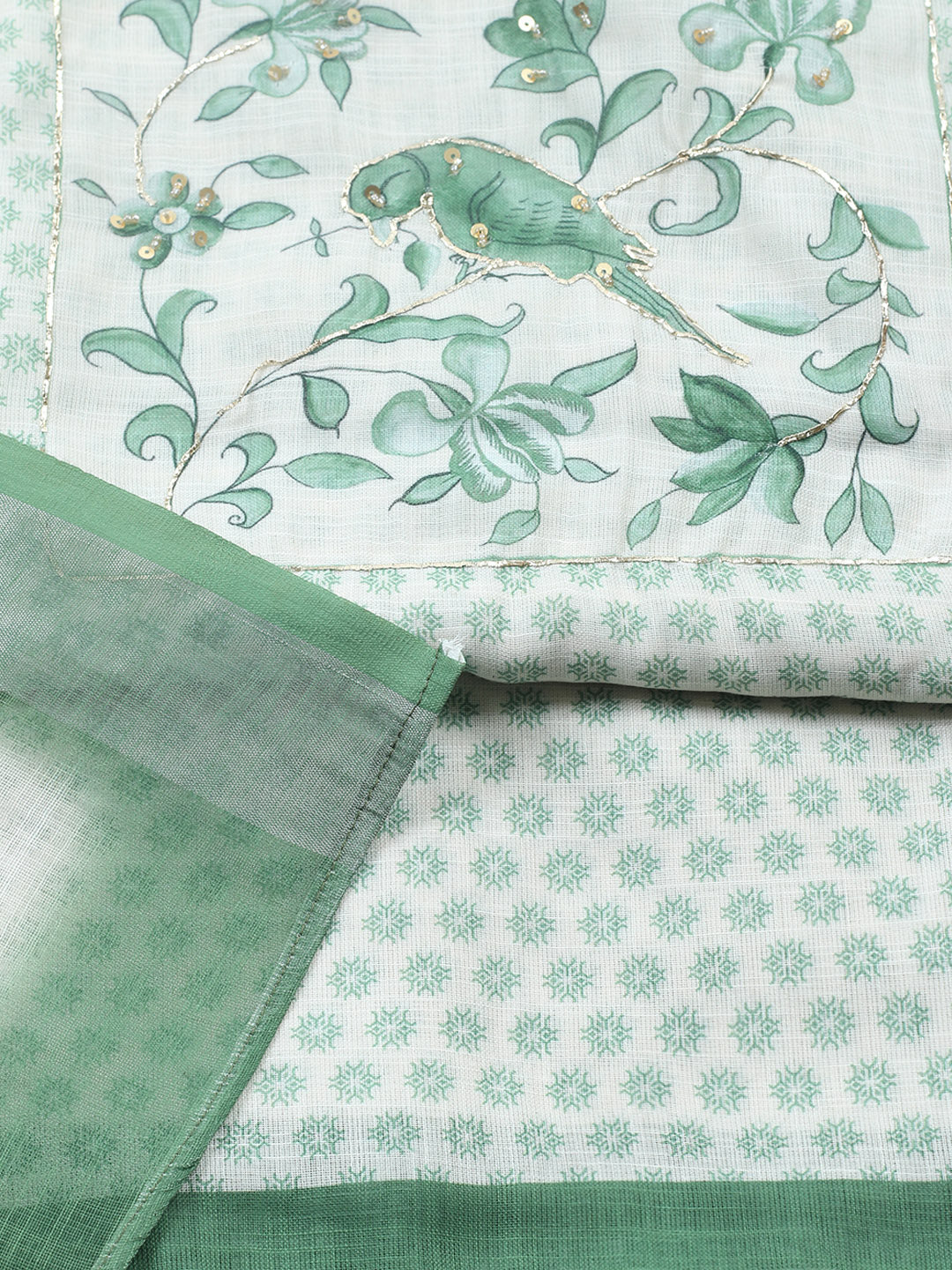 Printed Linen Blend Unstitched Suit With Pant &amp; Dupatta