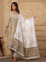 Printed Cotton Kurta With Pants & Dupatta