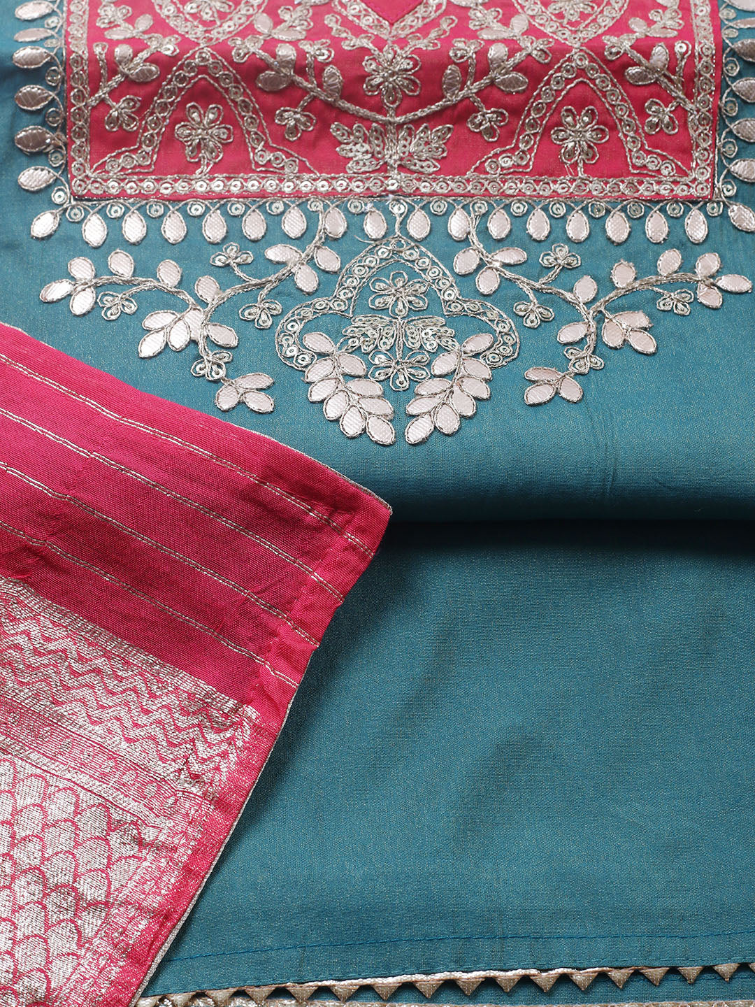 Embroidered Chanderi Unstitched Suit With Pant &amp; Dupatta