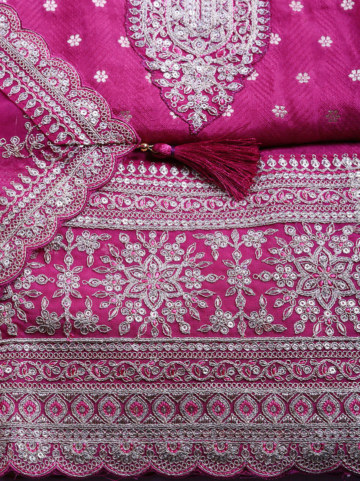 Embroidered Art Silk Unstitched Suit With Pant &amp; Dupatta
