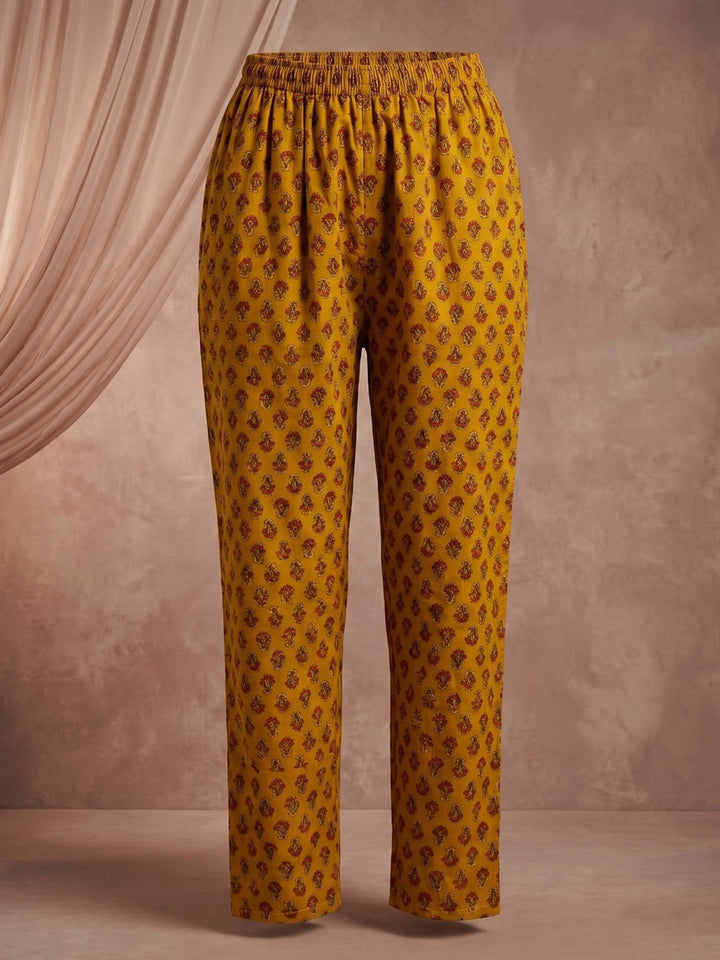 Mustard Embroidered Cotton Blend Straight Round Neck Suit Set