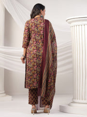 Printed Cotton Blend Kurta With Pants & Dupatta