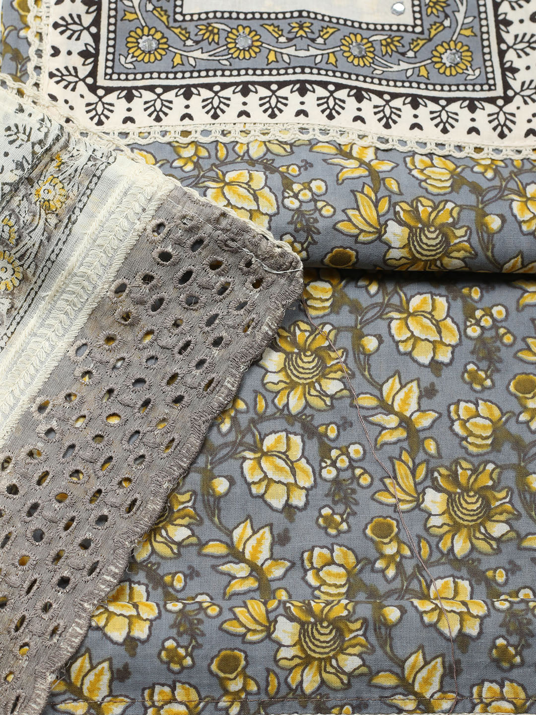 Printed Cotton Blend Unstitched Suit With Pant &amp; Dupatta
