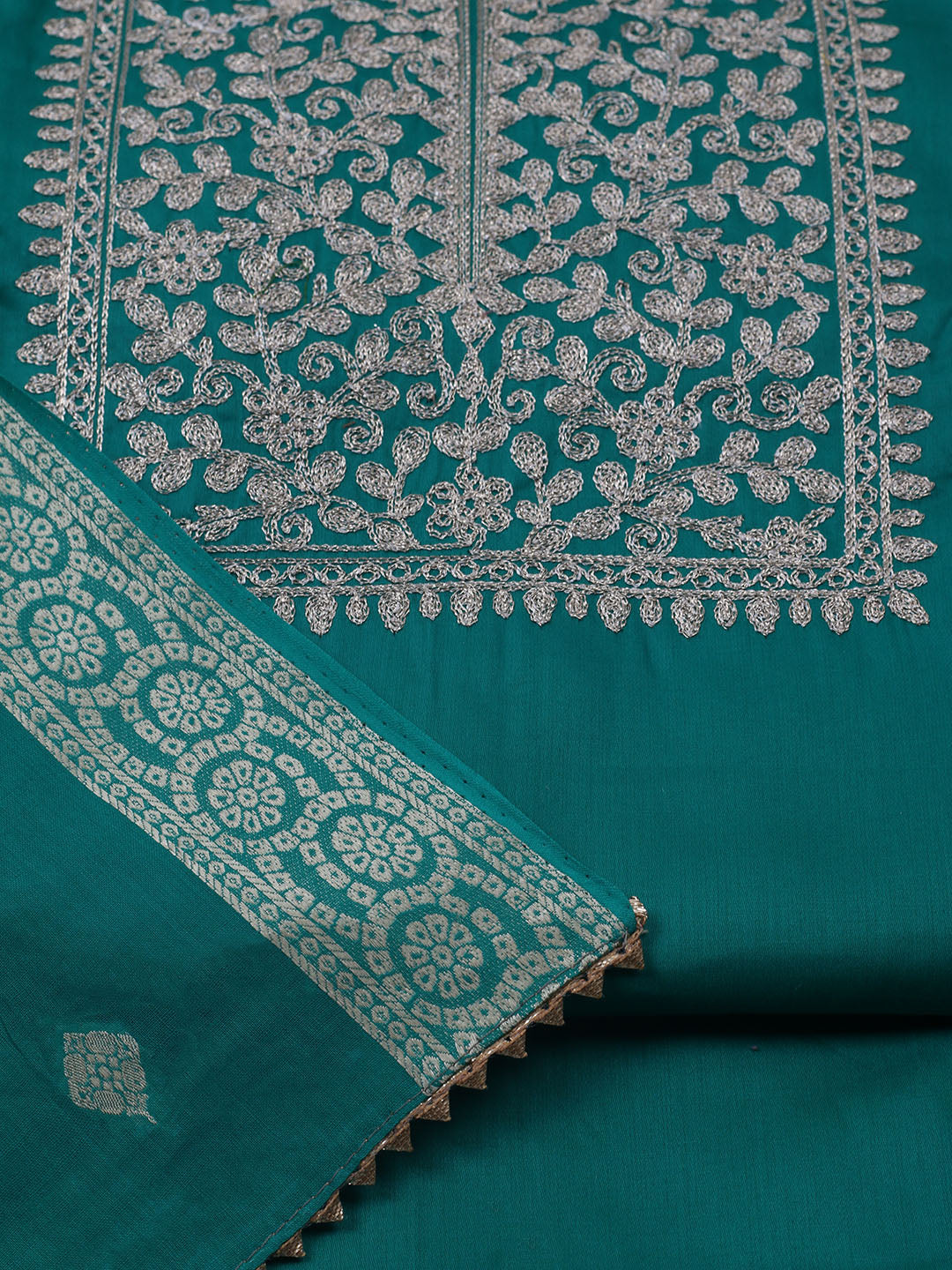 Neck Embroidered Chanderi Unstitched Suit With Dupatta