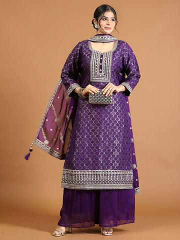 Neck Embroidery Banarasi Kurta With Palazzo & Dupatta