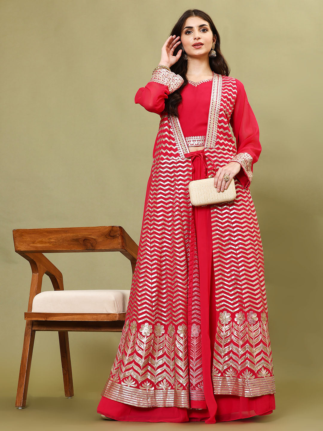Sequin Embroidery Georgette Choli With Skirt &amp; Jacket