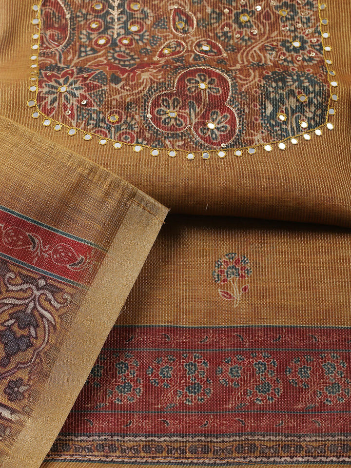 Embroidered Chanderi Unstitched Suit With Pant &amp; Dupatta