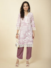 Printed & Panel Embroidery Cotton Kurta With Pants