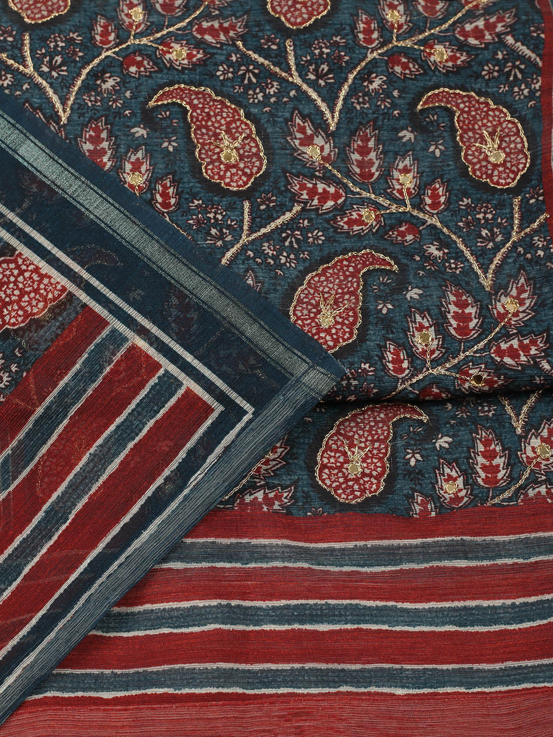Printed Chanderi Unstitched Suit With Pant &amp; Dupatta