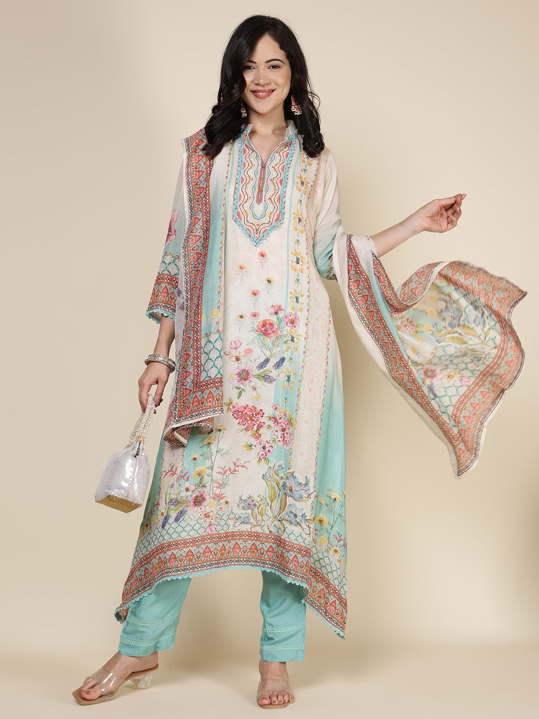 Printed Cotton Blend Kurta With Pants &amp; Dupatta