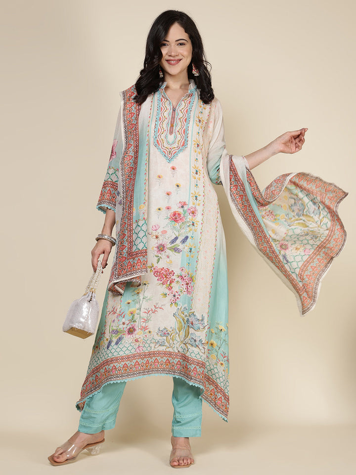 Printed Cotton Blend Kurta With Pants &amp; Dupatta