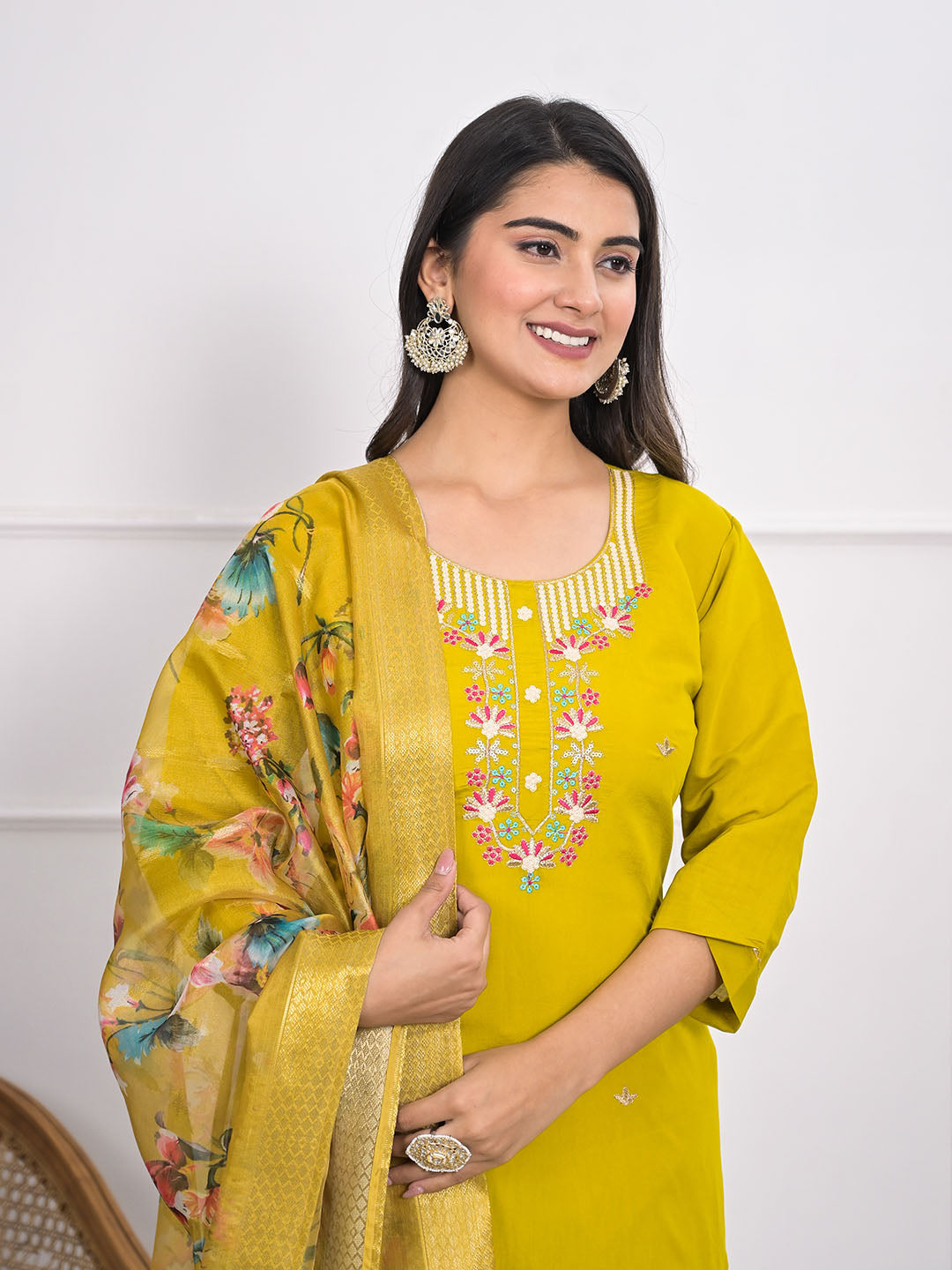 Neck Embroidery Muslin Kurta With Pants &amp; Dupatta