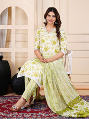 Floral Printed Cotton Kurta With Pants & Dupatta