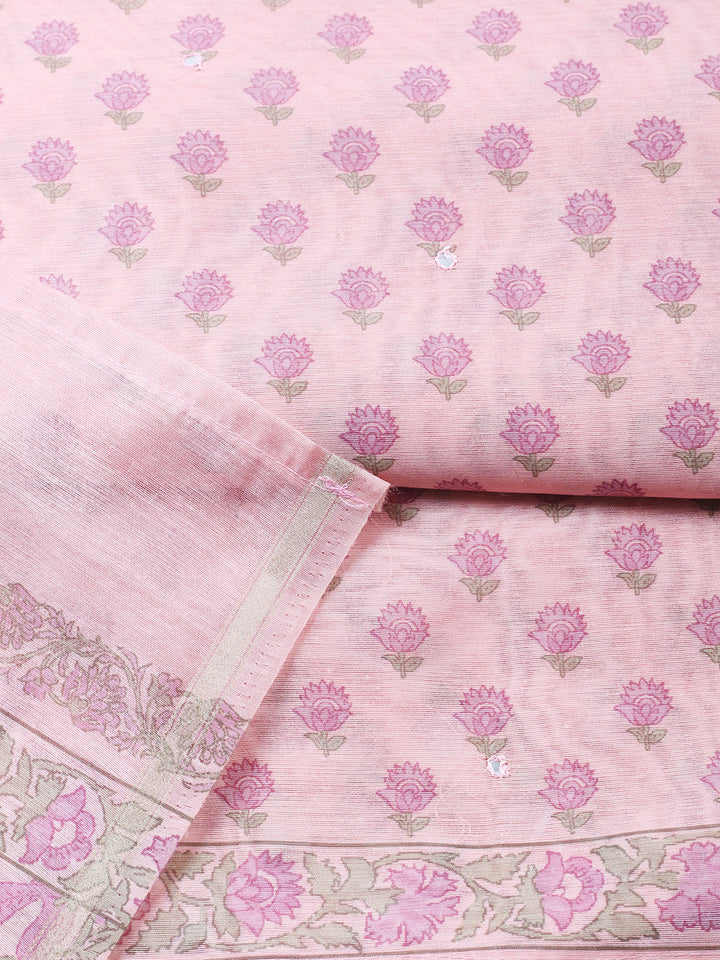 Printed Chanderi Unstitched Suit With Pant &amp; Dupatta