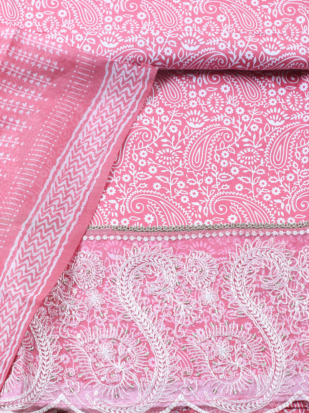 Printed Cotton Blend Unstitched Suit With Pant &amp; Dupatta