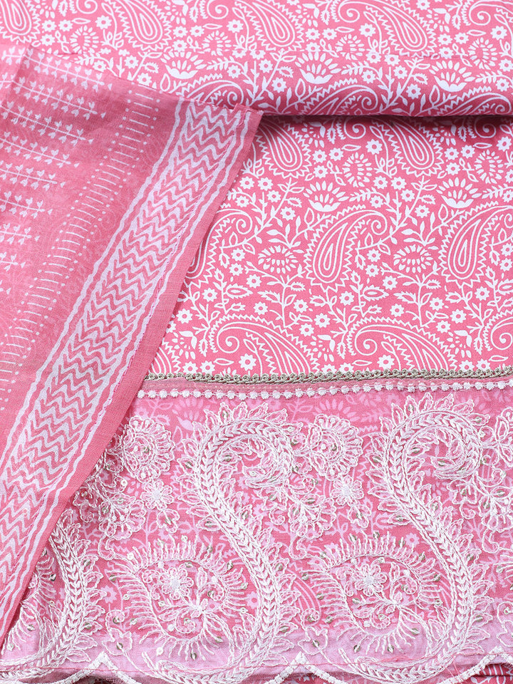 Printed Cotton Blend Unstitched Suit With Pant &amp; Dupatta