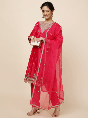 Zari Neck Embroidered Chinnon Kurti With Pants & Dupatta