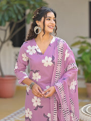 Printed Cotton Blend Kurta With Pants & Dupatta