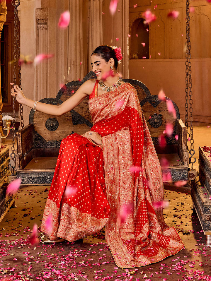 Red Embroidered Design Dola Silk Saree