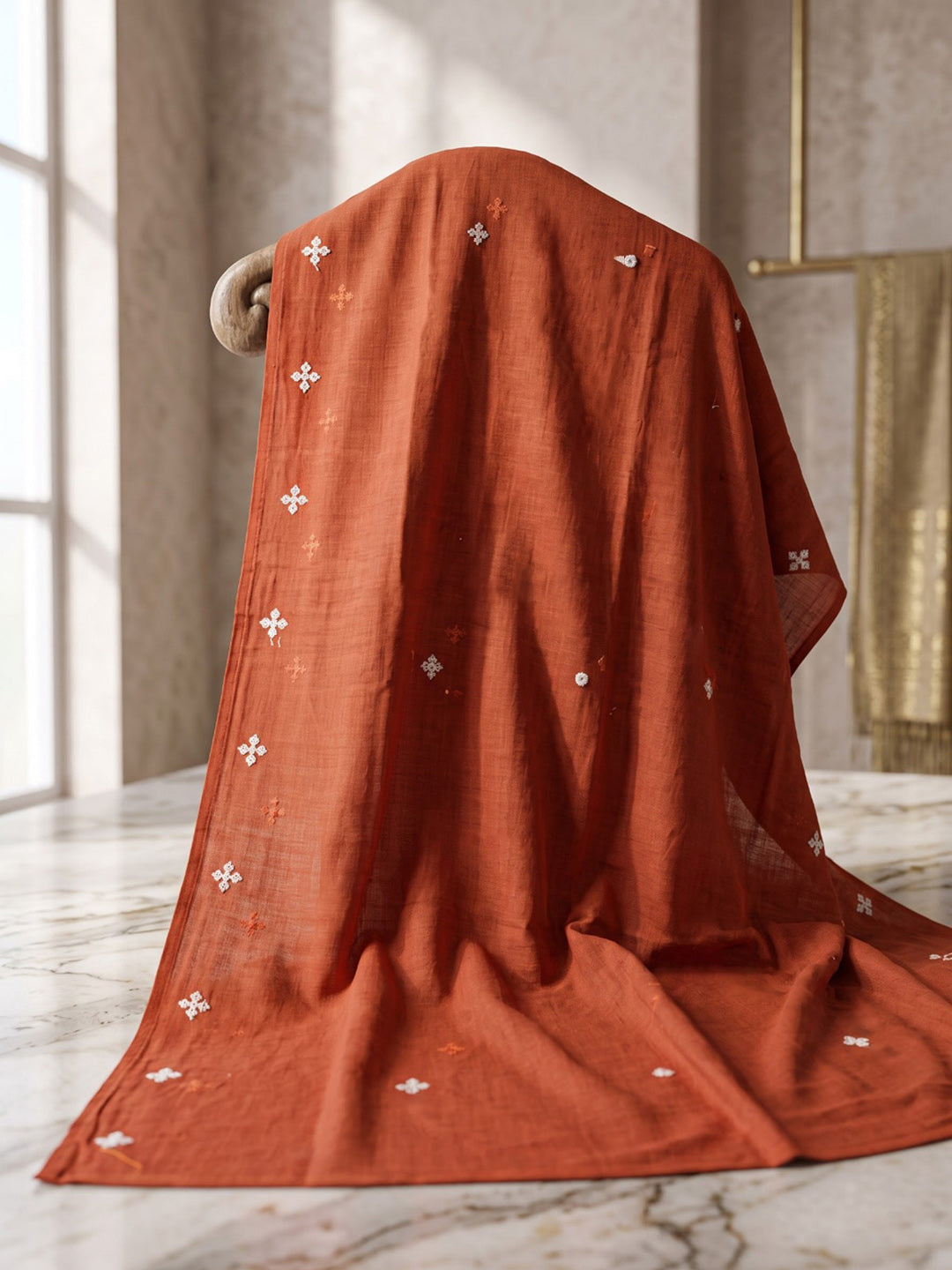 Rust Printed Cotton Blend Kurta With Pant &amp; Dupatta