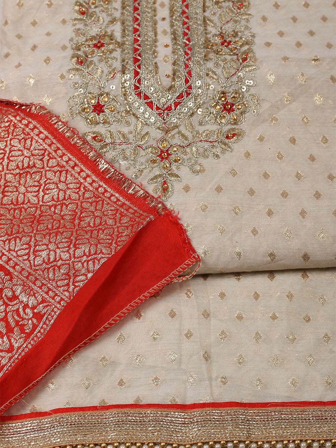 Embroidered Chanderi Unstitched Suit With Pant &amp; Dupatta