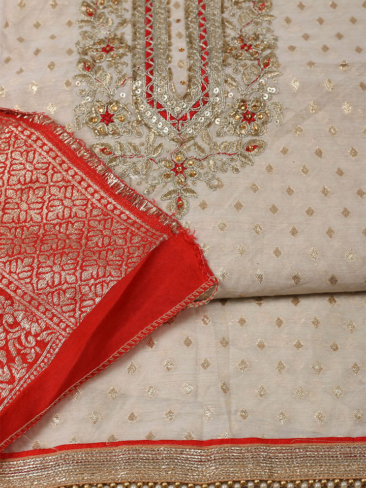 Embroidered Chanderi Unstitched Suit With Pant &amp; Dupatta