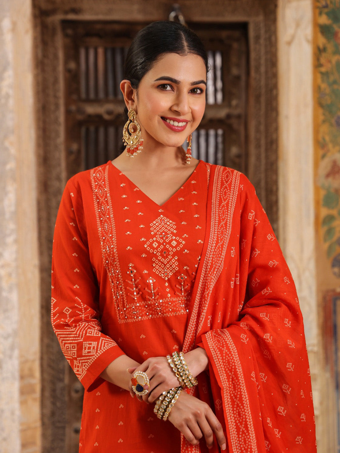 Red Cotton Blend Printed Straight Suit Set