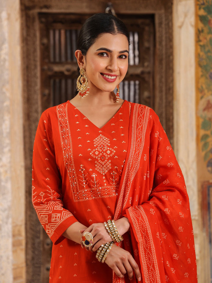 Red Cotton Blend Printed Straight Suit Set