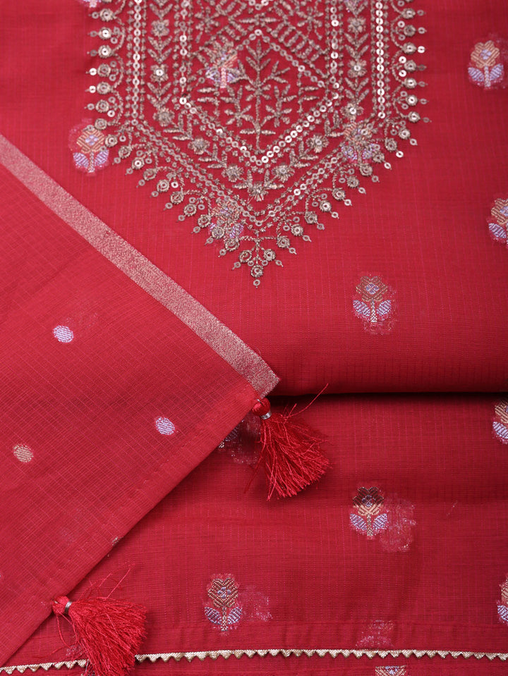 Embroidered Chanderi Unstitched Suit With Pant &amp; Dupatta