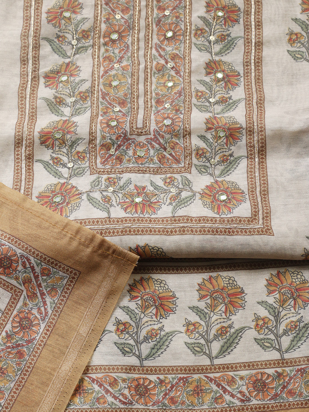 Printed Chanderi Unstitched Suit With Pant &amp; Dupatta