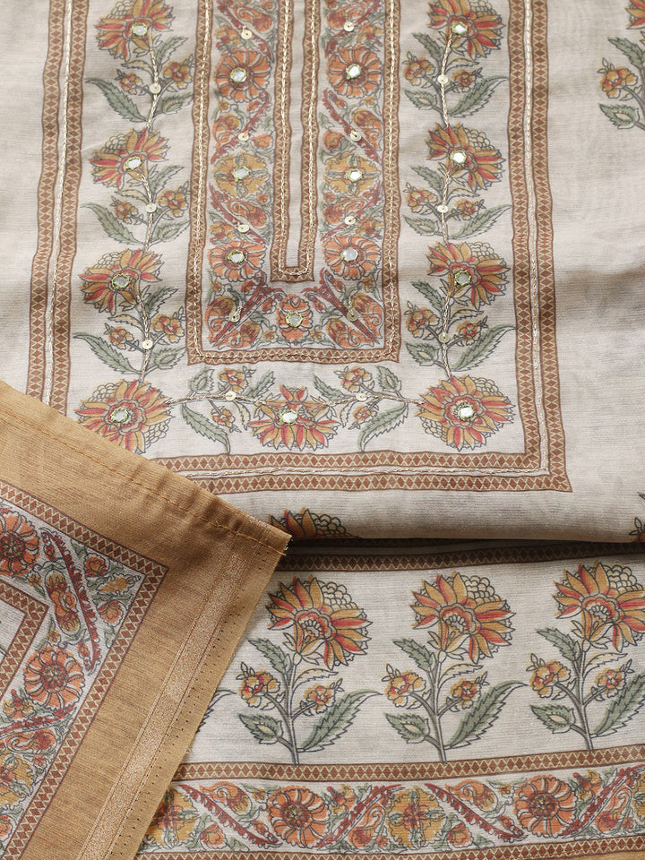 Printed Chanderi Unstitched Suit With Pant &amp; Dupatta