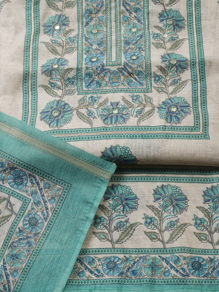 Printed Chanderi Unstitched Suit With Pant &amp; Dupatta