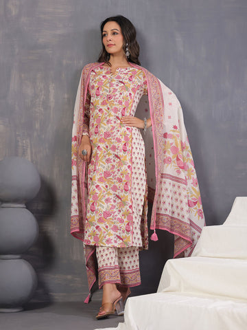 Floral Print Cotton Kurta With Pants & Dupatta