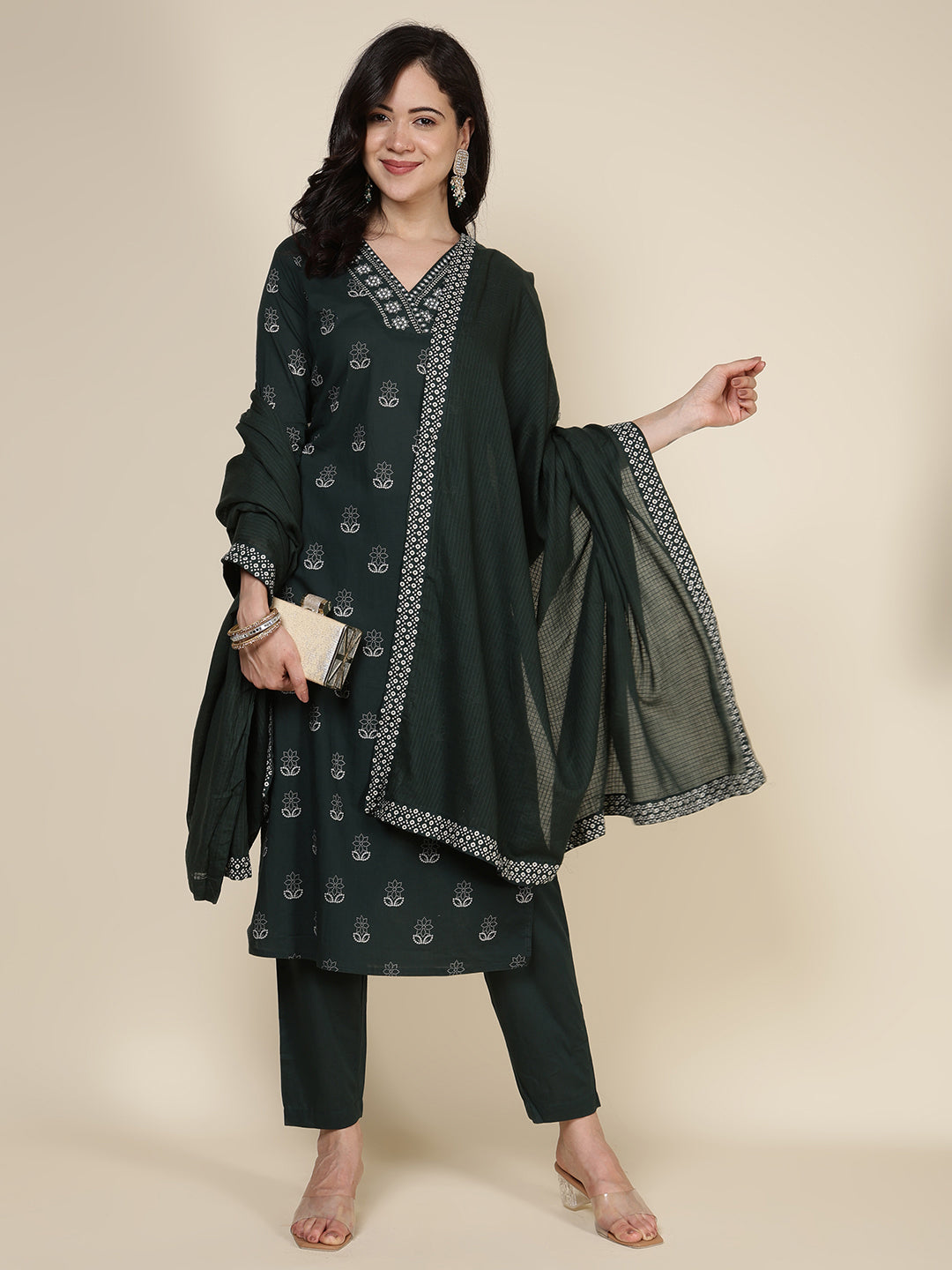 Printed Cotton Blend Kurta With Pants & Dupatta