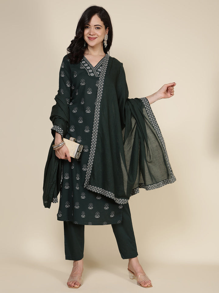 Printed Cotton Blend Kurta With Pants &amp; Dupatta
