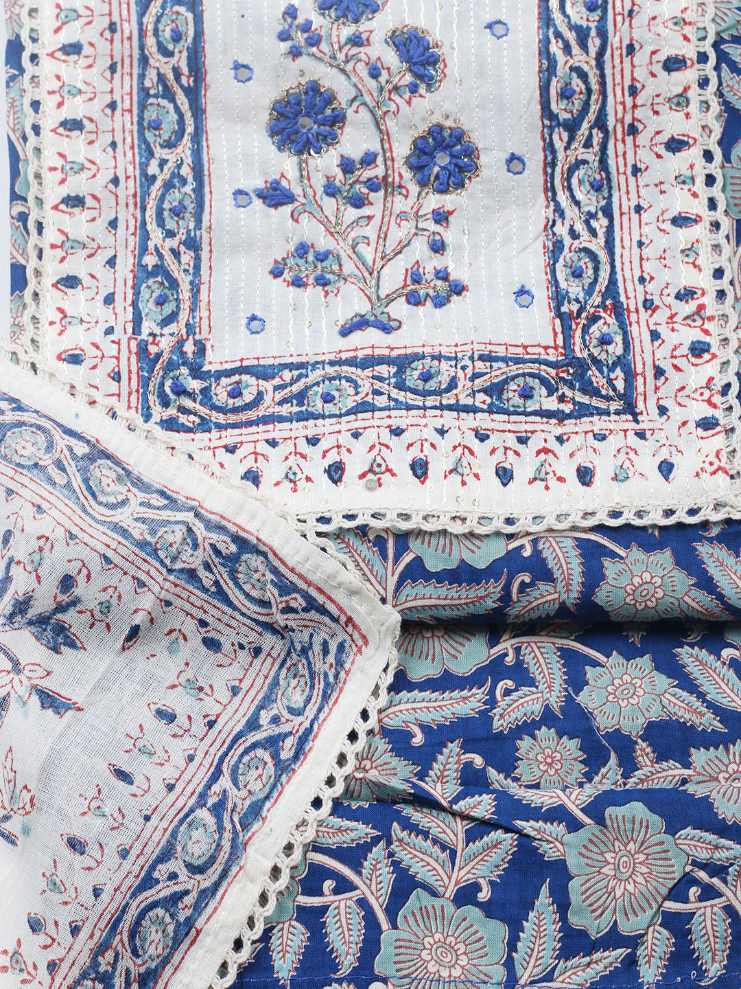 Embroidered Cotton Blend Unstitched Suit With Pant &amp; Dupatta