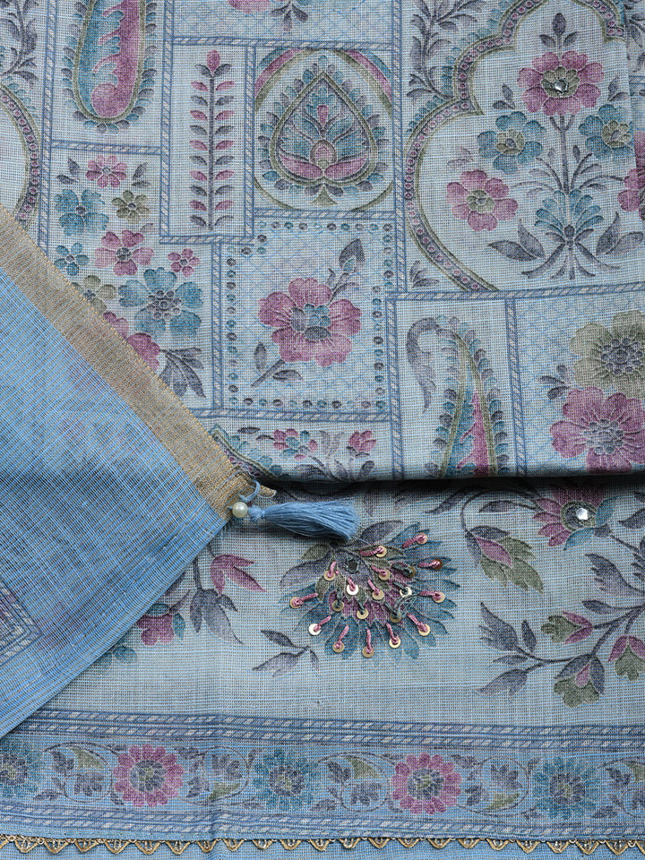 Printed Linen Blend Unstitched Suit With Pant &amp; Dupatta