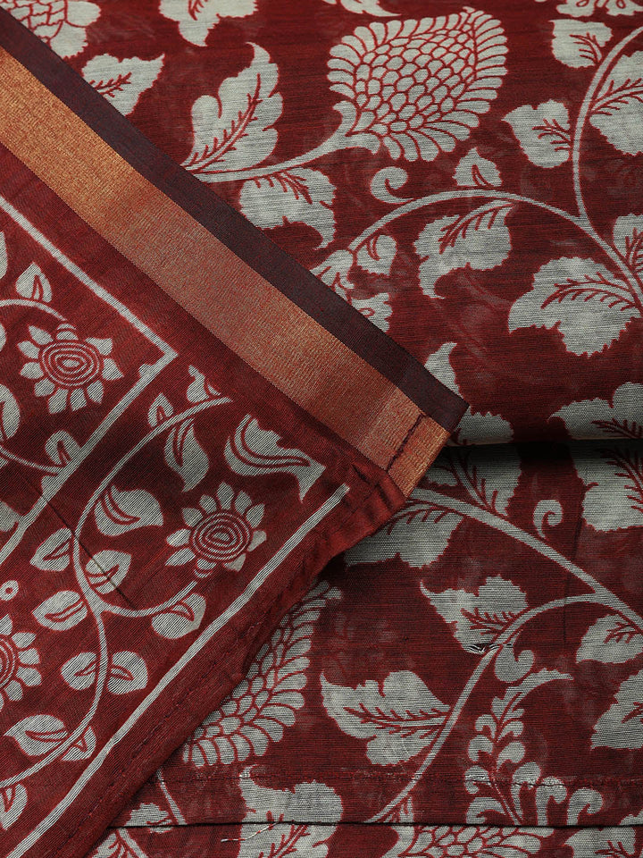 Printed Chanderi Unstitched Suit With Pant &amp; Dupatta