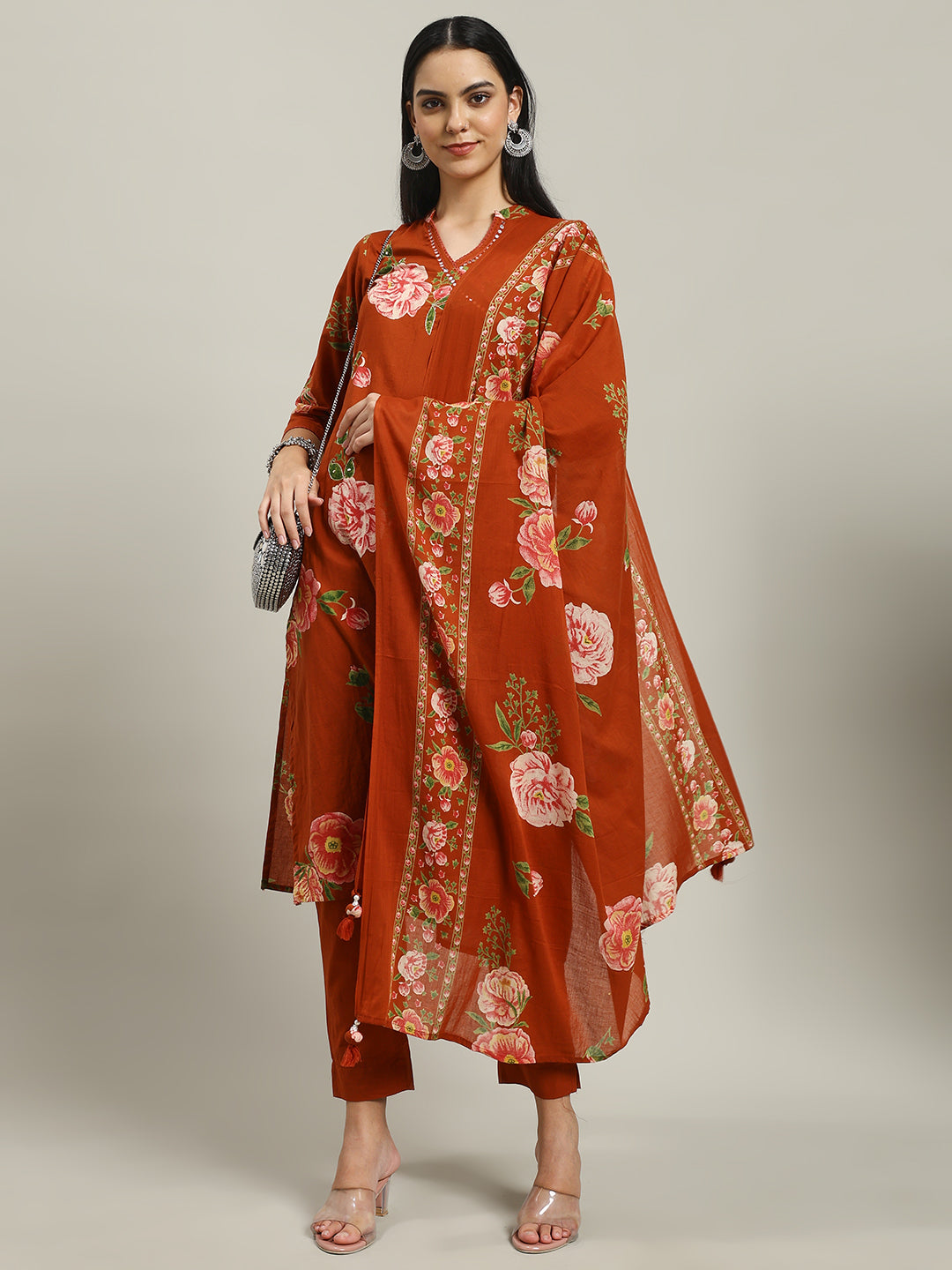 Printed Cotton Blend Kurta With Pants & Dupatta