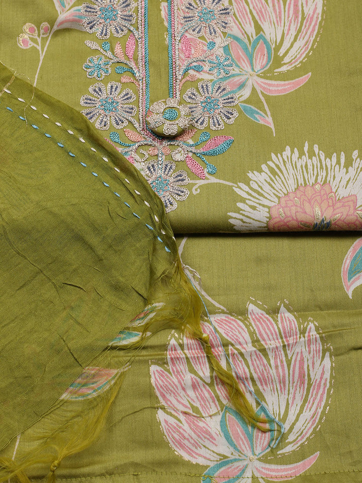Embroidered Cotton Blend Unstitched Suit With Pant &amp; Dupatta