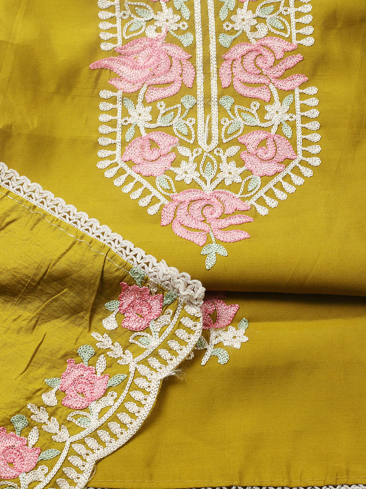 Embroidered Chanderi Unstitched Suit With Pant &amp; Dupatta