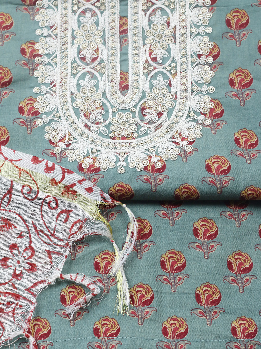 Printed Cotton Blend Unstitched Suit With Pant &amp; Dupatta